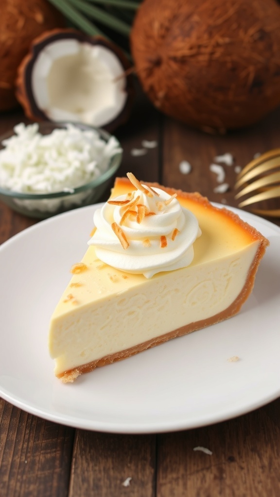 Crustless Coconut Cream Pie Recipe A slice of crustless coconut cream pie with whipped cream and toasted coconut on a rustic table.